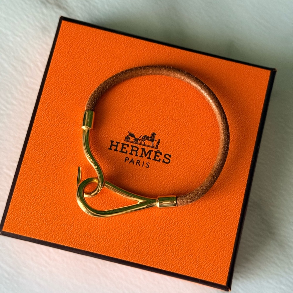 Hermes Brown Leather Rope Bracelet with Gold-Tone Hook Closure